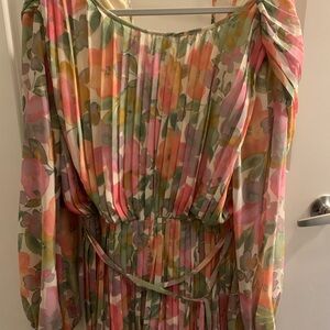 Floral Pleated Chiffon Maxi Dress - Pink, Peach & Green
